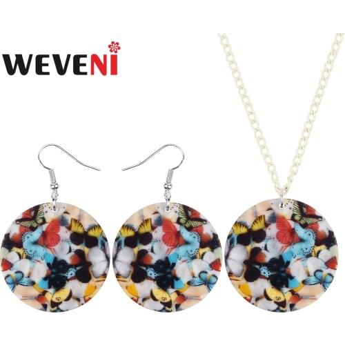 WEVENI Acrylic Round Sweet Butterflies Jewelry Sets Animal Insect Necklace Earrings For Women Girls Kids Gifts Charm Accessories