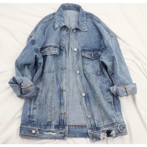 Harajuku Mid Long Frayed Hole Denim Jacket Coat Female Spring Autumn Loose Long Sleeve Jeans Jacket Women Vintage Wash Outerwear