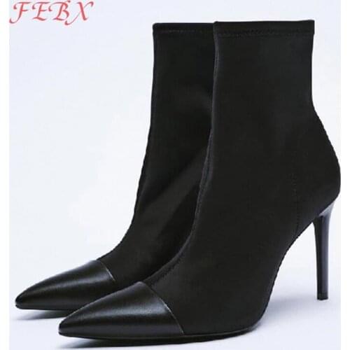 2021 New Women Autumn Fashion Ankle Boots Female Platform Thin Heels Silk Shoes Ladies Slip On Pointed Toe Knitted Sexy Footwear