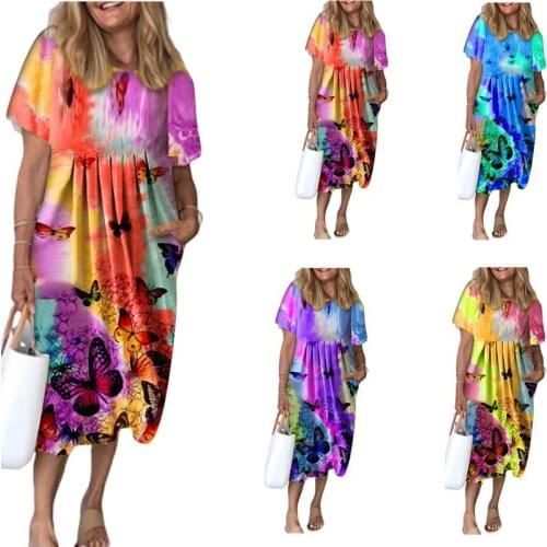 Summer Vintage Butterfly Print Women Dress Elegant O-Neck Loose Casual Long Dress Beach Short Sleeve Dress Female Vestidos New