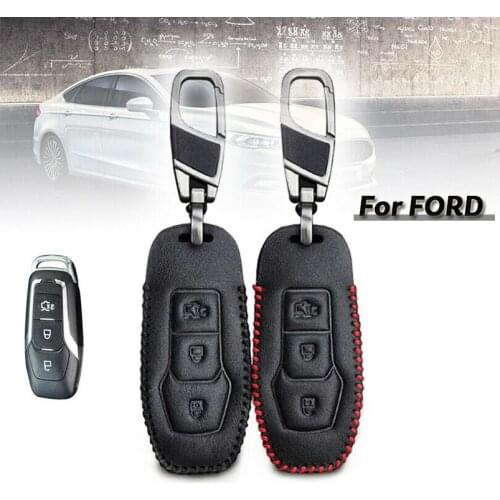 1Pcs Leather Car Smart Key Case Keychain Holder Bag Fob Wallet Cover With Metal Keychain Fit For Ford