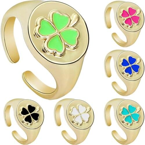 2021 Gold Color Oil Copper Rings Korean Cute Four Leaf Lucky Enamel Multicolor Rings Wonderful Choice for Women Jewelry