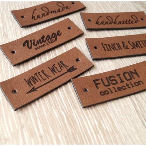 30pcs Custom handmade label for rivets, Knitting crochet leather tags with text logo, Sewing clothing care labels Handcraft item