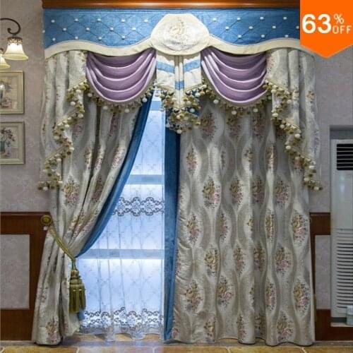 White with grey embroidery patchwork blue curtains for hotel Classic elegant Bed Room Curtains Nice new design for Living Room
