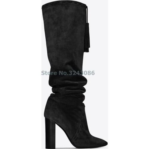 Black Brown Suede Pointed Toe Chunky High Heel Knee High Boots Fashion Pleated Fringe Slip On Mid Boots Warm Winter Women Shoe