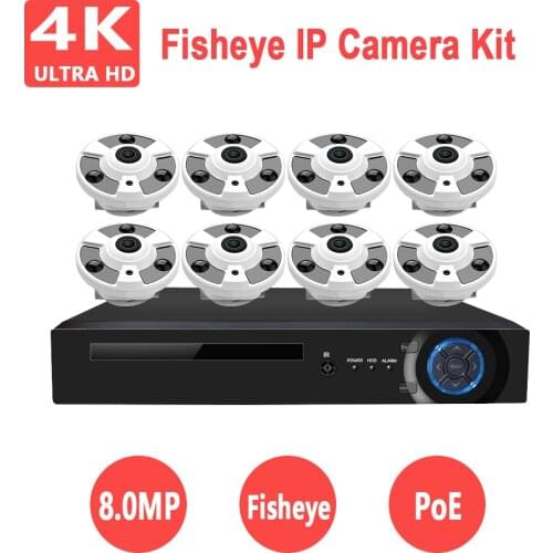 8MP 4K 360 Degree Fisheye PoE IP Security Camera NVR Kit 4CH 8CH Onvif P2P Video Surveillance System Camera NVR Set