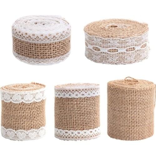 2 Meters Natural Burlap Jute Rolls Hessian Ribbon With Lace Vintage Rustic Wedding Decoration Party Decor