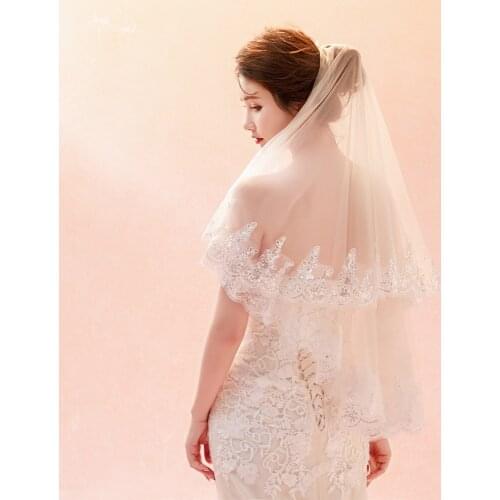 LZP361 Real Bridal Accessories Wedding Veil 1.5 Meters Sequins Lace Bridal Veil Champagne Two Layer Tulle Veil