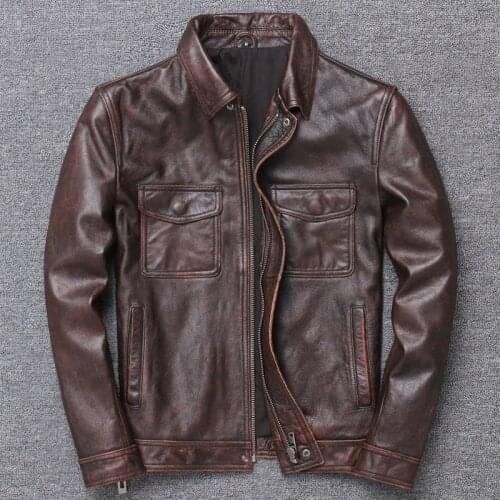 Mens Genuine Cowhide Leather Jacket 2021 Latest Mens Motorcycle Short Slim Retro Black Leather Jacket Coat Plus Size 4XL