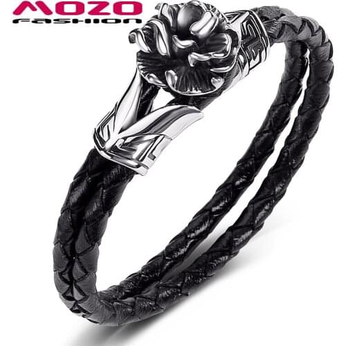 2020 New Men Jewelry Black Genuine Leather Bracelet Stainless Steel Punk Charm Flower Simple Women Bangles