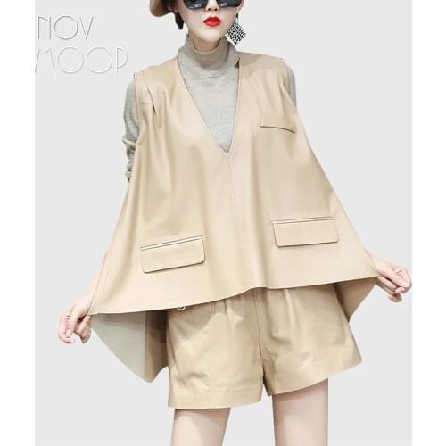 Novmoop 2020 new design genuine leather sheepskin women tank vest with stylish hem Chaleco de cuero para mujer LT3277
