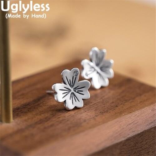 Uglyless Thai Silver MINI Clover Studs Earrings for Women Solid 925 Silver Brincos Simple Fashion Ethnic Jewelry Heart Petals