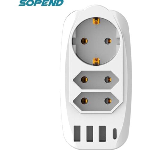 Sopend 7 IN 1 Power Strip EU Plug Sockets with 3 USB Ports 3 Outlets Type-C Wall Charger Travel Adapter 4000W for Home Office