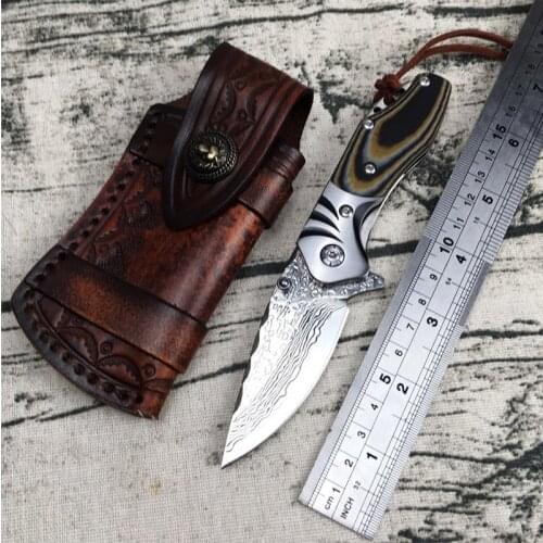 Hand-forged Pattern Damascus Steel Outdoor Self-defense Tactics Camping Folding Knife Mini Pocket Pocket Knife