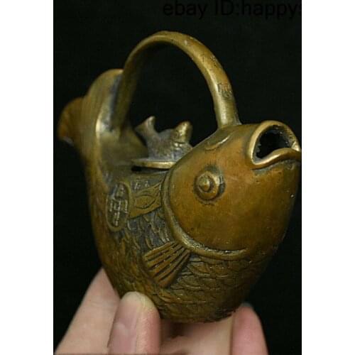 Collect Chinese Bronze Animal Fish Coin Wine Tea Pot Flagon Teapot Stoup Statue Desk Decoration Figurines Collection Ornaments