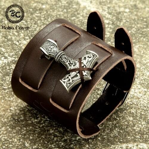 Medieval Style Viking Genuine Leather Cuff Bracelet Men Thor Mjolnir Hammer Armor Wristband Short Bracer Handmade Nordic Jewelry