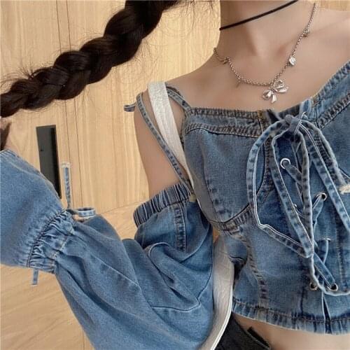 Streetwear Fashion Clothing Bow Off-shoulder Denim Tshirt Removable Long Sleeve Summer Tops for Women 2021