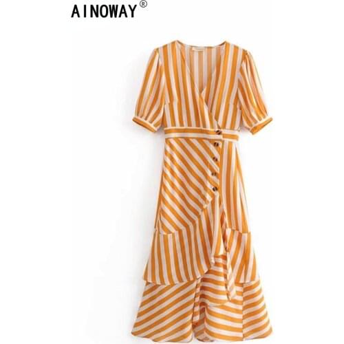 Vintage chic Woman yellow striped V Neck Short Sleeve boho dress Ladies happie Sashes Robe Midi Dress Vestidos