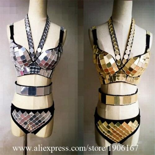 Gold Silver Color mirror Sexy Lady Nightclub Party Dress Bar DS Stage Performance Dancewear Novely Clothing Birthday Gift