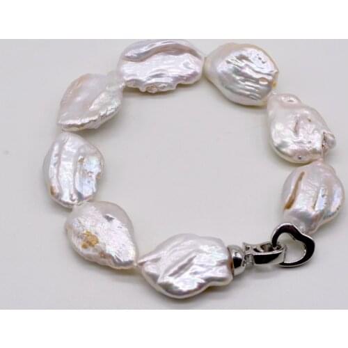 Love pearl bracelet. 17mm Baroque flat pearl. white. Love buckle. Knotted female bracelet. Banquet jewelry