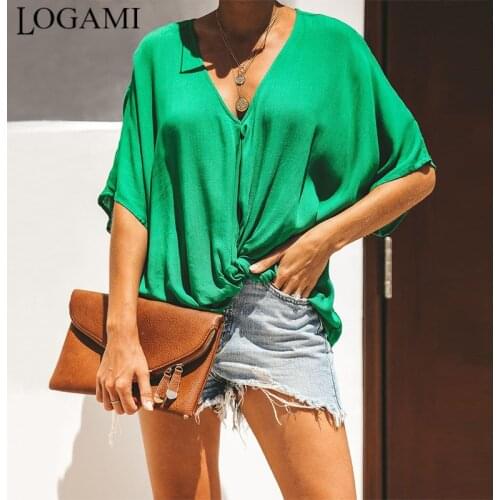 LOGAMI V Neck Short Sleeve Irregular T Shirt Women Loose Tshirt Casual Summer Tee Shirt Femme Green Black White