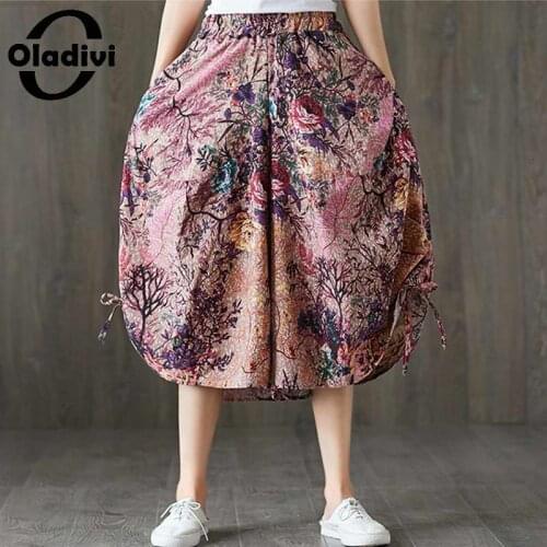 Oladivi 3 Color Plus Size Fashion Floral Print Wide Leg Pants Women Casual Loose Bottoms Cotton Linen Capri Big Leg Trousers 5XL