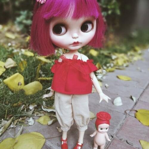 1 Set 1/6 Blyth Dolls Mori Style Off-shoulder Red Shirts Tops + Pants for Blyth, Licca, Azone Doll Clothes Outfits Accessories