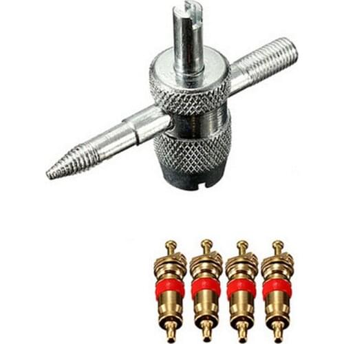 4 In 1 Tool + 4 Pcs Brass Color Valve Cores Car Repair Tool Automobile Valve Core Wrench Tire Remover Installer Accessories
