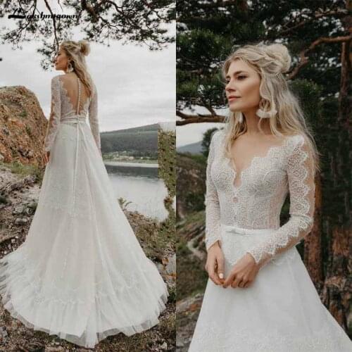 Bohemian Wedding Dress Lace Appliqued Long Sleeve Sheer V Neck Vestido De Noiva Plus Size Beach Boho Wedding Dresses Bridal Gown