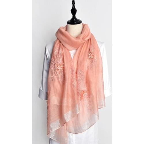 Floral Embroidery Silk Wool Blending Scarf Women 2019 Shawls and Wraps for Ladies Long Wool Shawl Foulard Silk Scarves