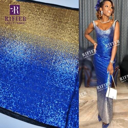 Elastic Gradient Sequins Net Lace Fabric Gold And Blue African Nigeria Sequined Embroidered Mesh Tulle Lace Wedding Bride Fabric