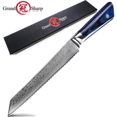Grandsharp Bread Knife 8 Inch Serrated Blade Kitchen Knives Damascus Steel Slicing Knife Toast Damper Baking Cake Cooking Tools