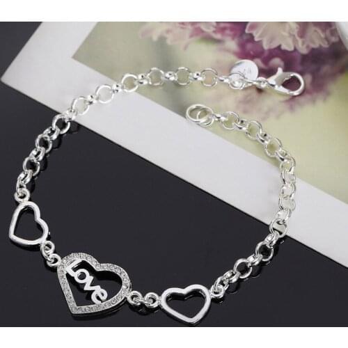 Hot crystal LOVE heart Chain 925 Sterling Silver Bracelets for Women Fashion Wedding Party romantic Holiday gifts fine Jewelry
