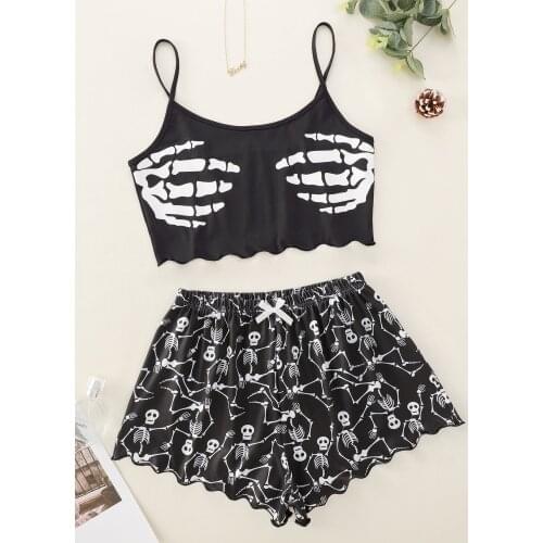 New Style Personality Fashion Ladys Cartoon Skeleton Hand Print Camisole With Shorts Pajama Set Comfortable Home Wear Sleepwear