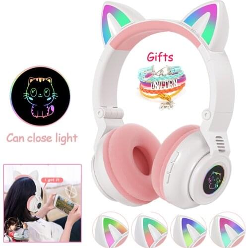 2021 Cute Cat Ear Headphone with Mic Stereo RGB Light Wireless Headphone For PC Phone Gaming Headset Girls Kids Daughter Gifts