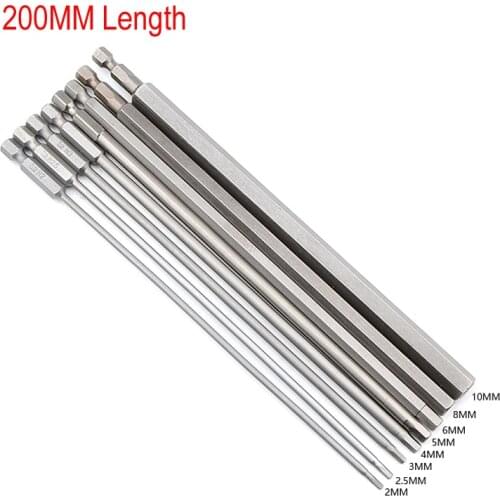 200mm Long S2 Electric Screwdriver Hexagon Bit Set Hard Hex Head 1/4' Hex Shank Magnetic Screwdriver Bit Hand Tools 2mm to 10mm