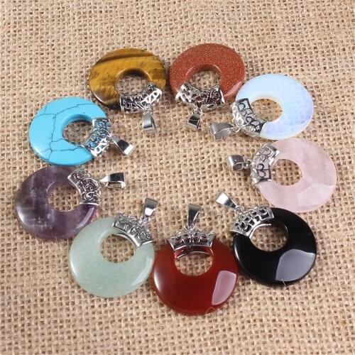 Natural Stone Round Hollow Pendants Reiki Amethyst Rose Quartz Gem Stone Healing Crystal Turquoise Women Trendy Jewelry Necklace