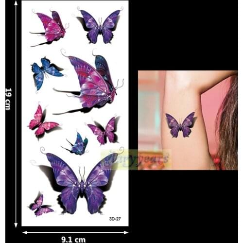 New 1PC Fashion Women Men Waterproof Temporary Tattoo Removable Simulation Vivid Body Art 3D-27 Rose Purple Butterfly