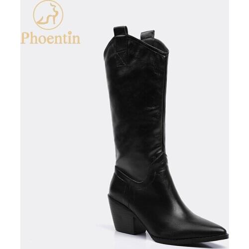 Phoentin British style mid-calf boots wedge woman 2019 pointed toe slip on fall shoes ladies PU leather black plus size FT752