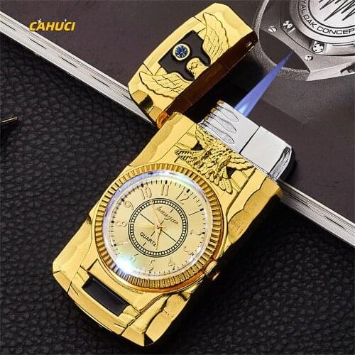 Luxurious Gold Watch Colorful light Jet Lighter Torch Turbo Inflated Butane Gas Lighter Windproof Cigar Lighter Cigarette Metal