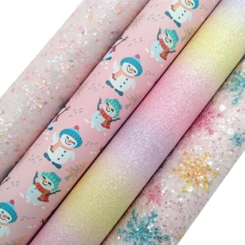 Pink Rainbow Glitter leather, Snowflakes Snowmen Printed synthetic leather Glitter Faux Leather Sheets For Bow DIY 21x29CM KM784