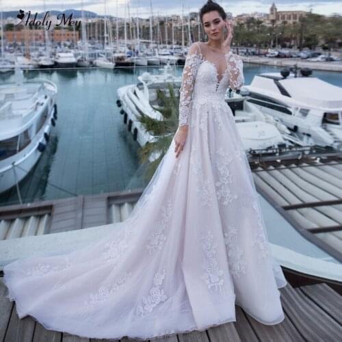 Adoly Mey Glamorous Appliques Court Train Lace A-Line Wedding Dresses 2020 Romantic Scoop Neck Long Sleeve Princess Bridal Gown