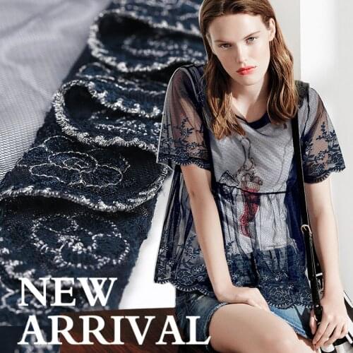 Dark blue embroidered lace mesh fabric breathable summer wedding lace fabric wholesale high quality lace cloth