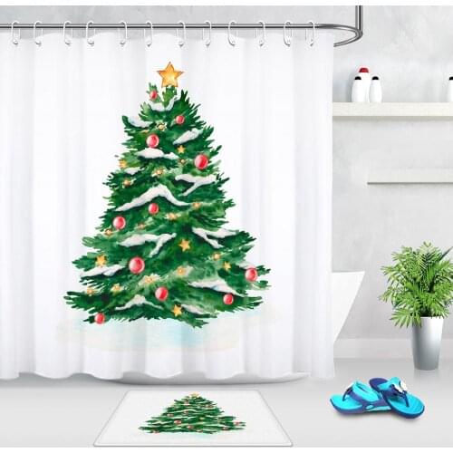 Fabric Shower Curtain Cartoon Christmas Tree Waterproof Bathroom Partition Curtain White Polyester Moisture-Proof Shower Curtain