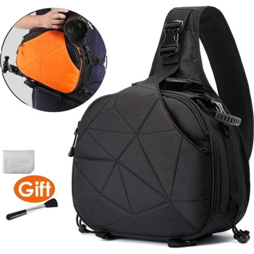Photo Camera Triangle Sling Shoulder Cross Body Soft Padded Men Women Bag Waterproof w/ Rain Cover Black Orange Bags Tripod Case