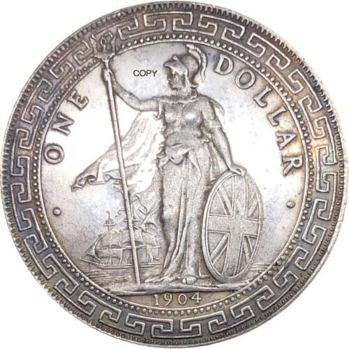 United Kingdom 1 Dollar British Trade Dollar 1904 One Dollar Cupronickel Plated Silver Hong Kong Yi Yuan Copy Coin