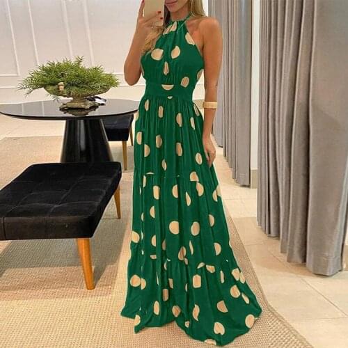 Women Elegant Polka Dot Print Boho Maxi Dresses 2021 Summer Sexy Halter Sleeveless Beach Long Dress Ladies Casual Loose Sundress