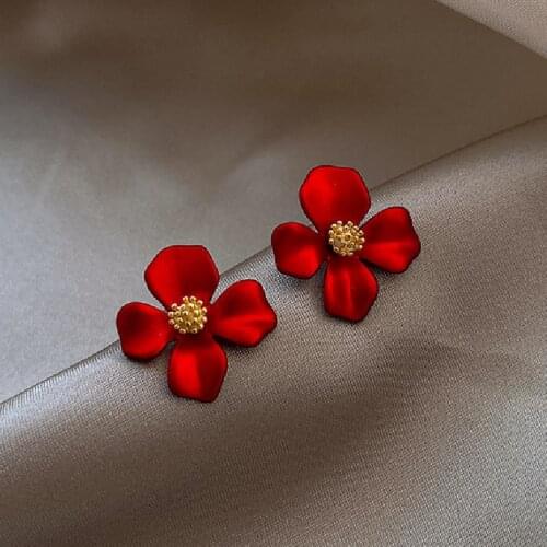 Korean Style Red Flower Stud Earrings For Women 2021 New Fashion Wedding Sweet Earrings Wholesale Jewelry Gifts
