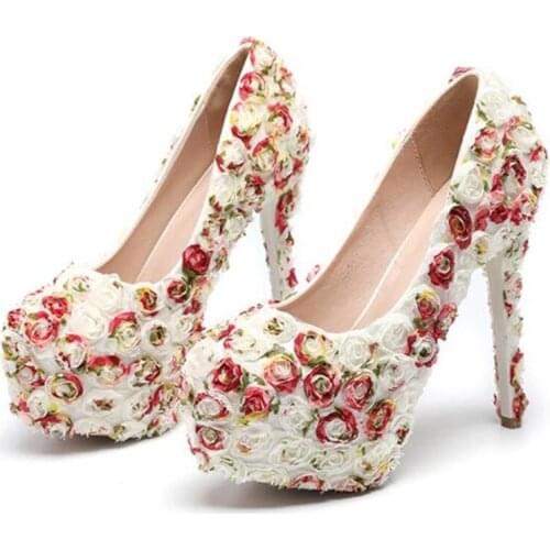 Women Pumps Brand Thin High Heels Lace Slip On 14CM Round Toe Dress Office & Career Party Wedding Shallow Flower Women Shoes