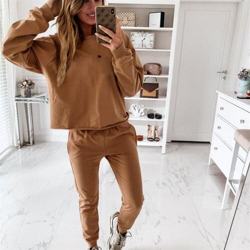 Women Spring Autumn Casual Outfit Set Solid Loose Round Neck Pullover Tops Long Sleeve Tee Long Trouser Elastic High Waist Pant